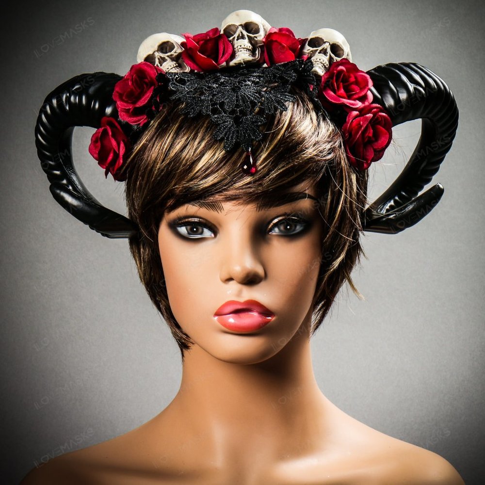 Ram Sheep Horn Skull Rose Headband - Black Red